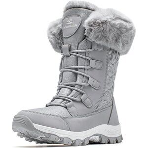 HOBIBEAR Women Waterproof Winter Snow Boots Gray Fur Lined Insulated Warm Shoes